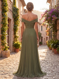 A-Line/Princess Off Shoulder Chiffon Maxi Formal Dresses with Pleats & Ruched Bodice