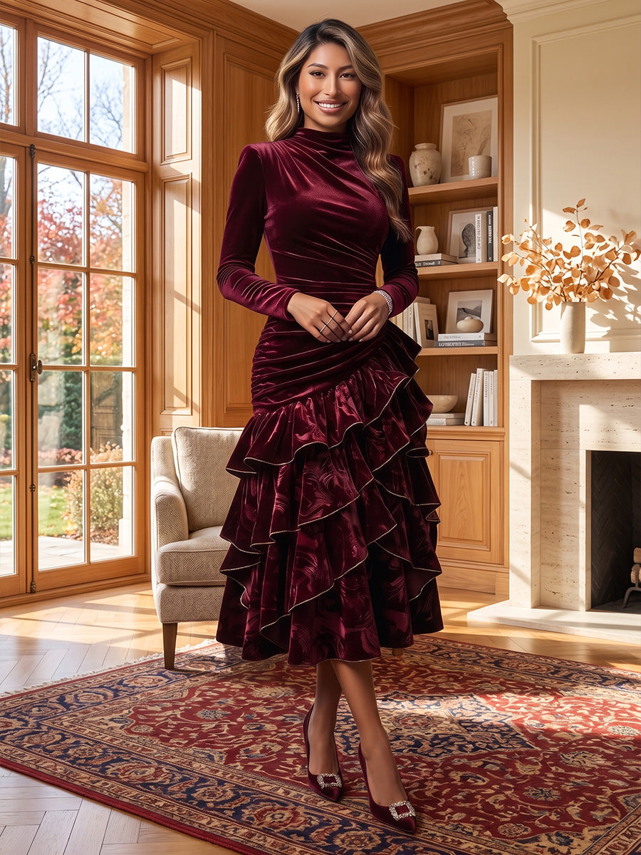 Mermaid/Trumpet High Neck Velvet Tea-Length Formal Dresses with Ruffles, Tiered Layers & Ruched Waist