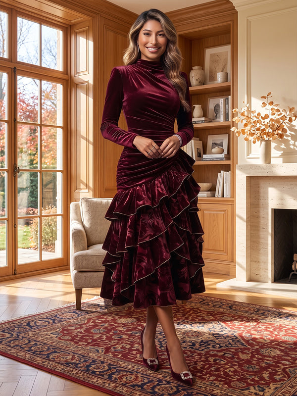 Mermaid/Trumpet High Neck Velvet Tea-Length Formal Dresses with Ruffles, Tiered Layers & Ruched Waist