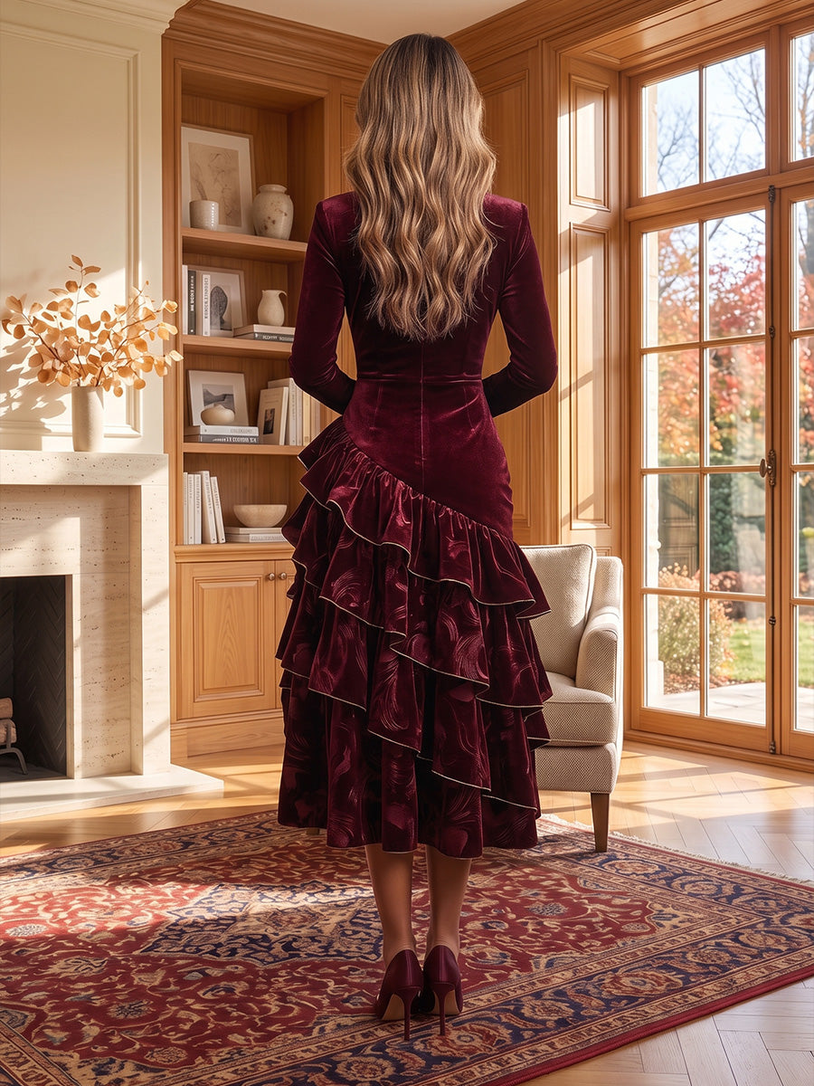 Mermaid/Trumpet High Neck Velvet Tea-Length Formal Dresses with Ruffles, Tiered Layers & Ruched Waist