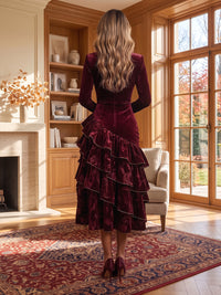 Mermaid/Trumpet High Neck Velvet Tea-Length Formal Dresses with Ruffles, Tiered Layers & Ruched Waist