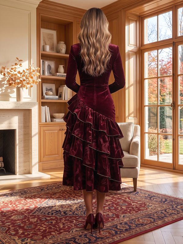 Mermaid/Trumpet High Neck Velvet Tea-Length Formal Dresses with Ruffles, Tiered Layers & Ruched Waist