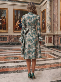 A-Line/Princess High Neck Jacquard Tea-Length Formal Dresses with Ruffles & Bow