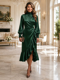 Mermaid/Trumpet High Neck Satin Tea-Length Formal Dresses with Ruffles