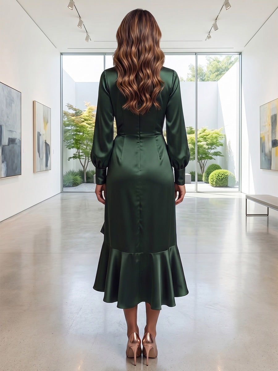 Mermaid/Trumpet High Neck Satin Tea-Length Formal Dresses with Ruffles