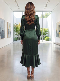 Mermaid/Trumpet High Neck Satin Tea-Length Formal Dresses with Ruffles