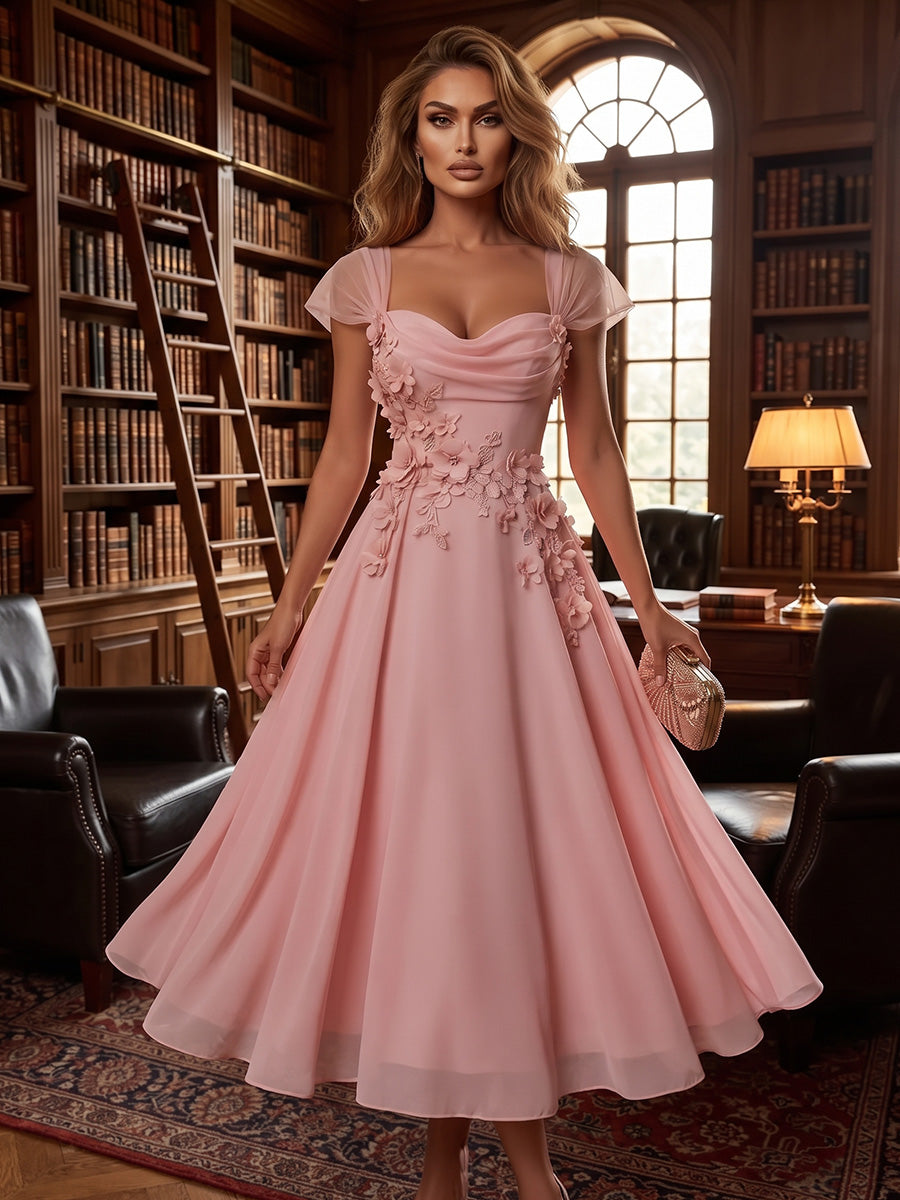 A-Line/Princess Sweetheart Chiffon Tea-Length Formal Dresses with 3D Flowers & Pleats