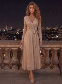 A-Line/Princess V-Neck Glitter Tulle Tea-Length Formal Dresses with Pleats & Belt