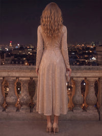 A-Line/Princess V-Neck Glitter Tulle Tea-Length Formal Dresses with Pleats & Belt