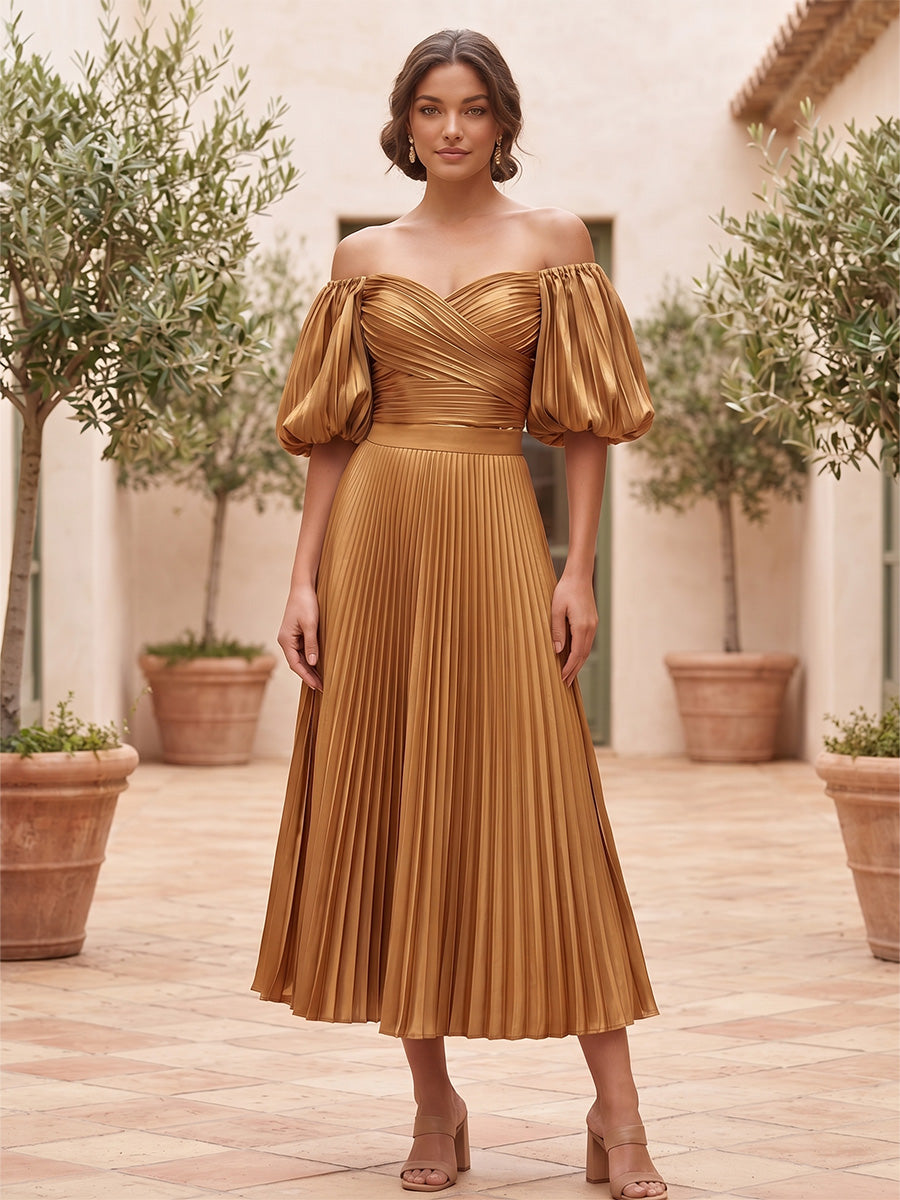 A-Line/Princess Off Shoulder Metallic Satin Tea-Length Formal Dresses with Pleats