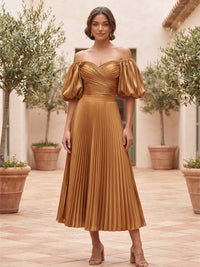 A-Line/Princess Off Shoulder Metallic Satin Tea-Length Formal Dresses with Pleats