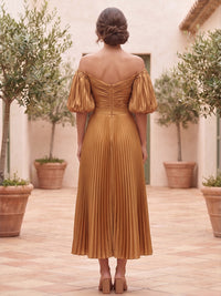 A-Line/Princess Off Shoulder Metallic Satin Tea-Length Formal Dresses with Pleats