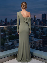 Sheath/Column Off Shoulder Stretch Jersey Maxi Formal Dresses with Slit & Ruched Bodice