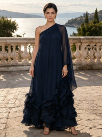 A-Line/Princess One Shoulder Chiffon Maxi Formal Dresses with Tiered Layers & Ruffles