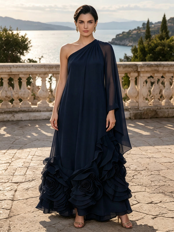 A-Line/Princess One Shoulder Chiffon Maxi Formal Dresses with Tiered Layers & Ruffles