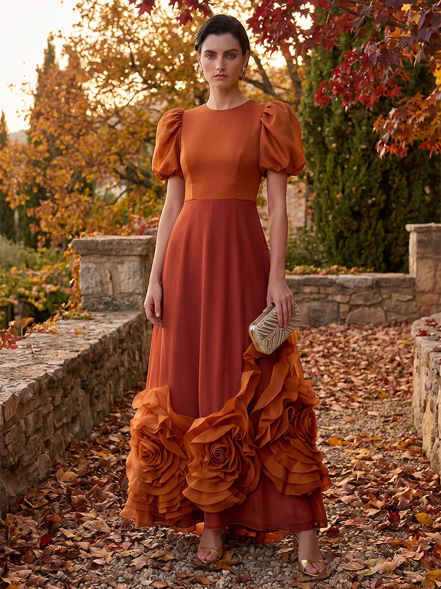 A-Line/Princess Scoop Neck Chiffon Maxi Formal Dresses with 3D Flowers & Pleats