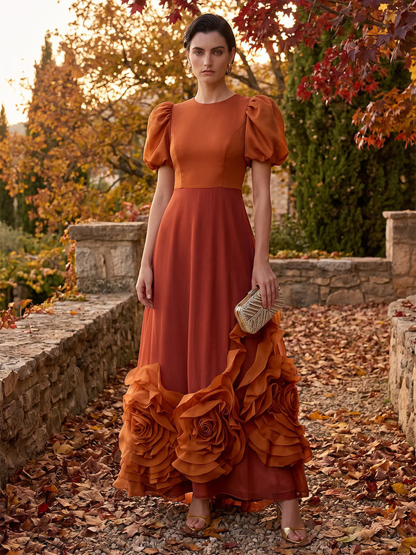 A-Line/Princess Scoop Neck Chiffon Maxi Formal Dresses with 3D Flowers & Pleats