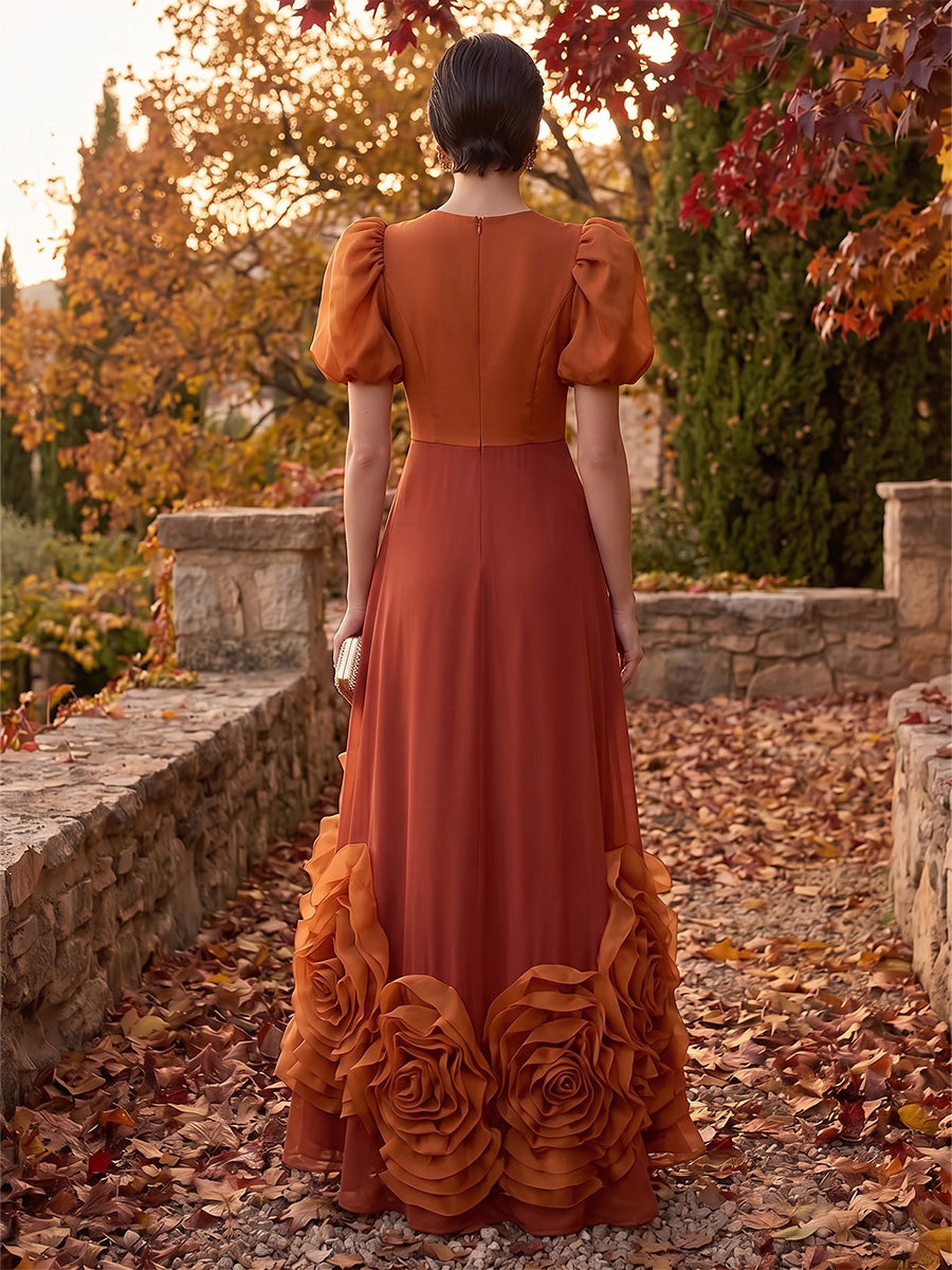 A-Line/Princess Scoop Neck Chiffon Maxi Formal Dresses with 3D Flowers & Pleats