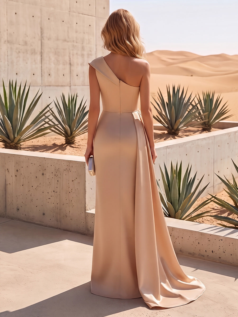 Sheath/Column One Shoulder Satin Maxi Formal Dresses with Ruched Waist, Sash & 3D Flowers