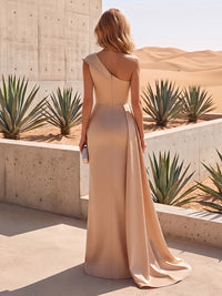 Sheath/Column One Shoulder Satin Maxi Formal Dresses with Ruched Waist, Sash & 3D Flowers