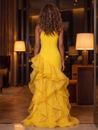 A-Line/Princess Scoop Neck Stretch Jersey Maxi Formal Dresses with Tiered Layers & Ruffles