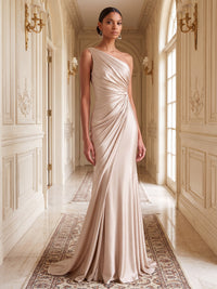 Sheath/Column One Shoulder Satin Maxi Formal Dresses with Pleats