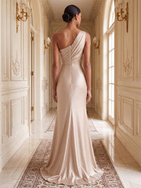 Sheath/Column One Shoulder Satin Maxi Formal Dresses with Pleats
