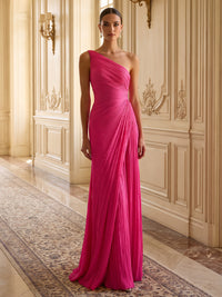 Sheath/Column One Shoulder Chiffon Maxi Formal Dresses with Pleats
