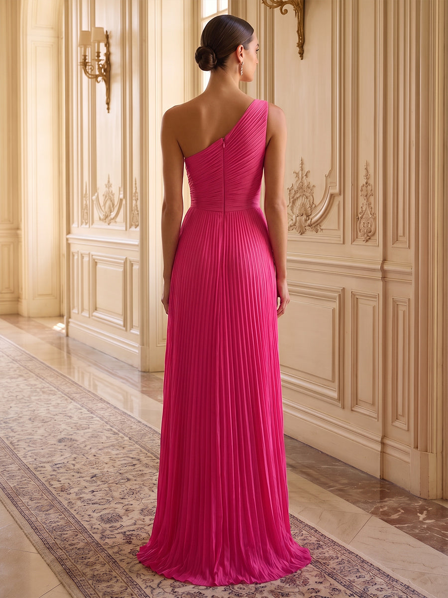 Sheath/Column One Shoulder Chiffon Maxi Formal Dresses with Pleats