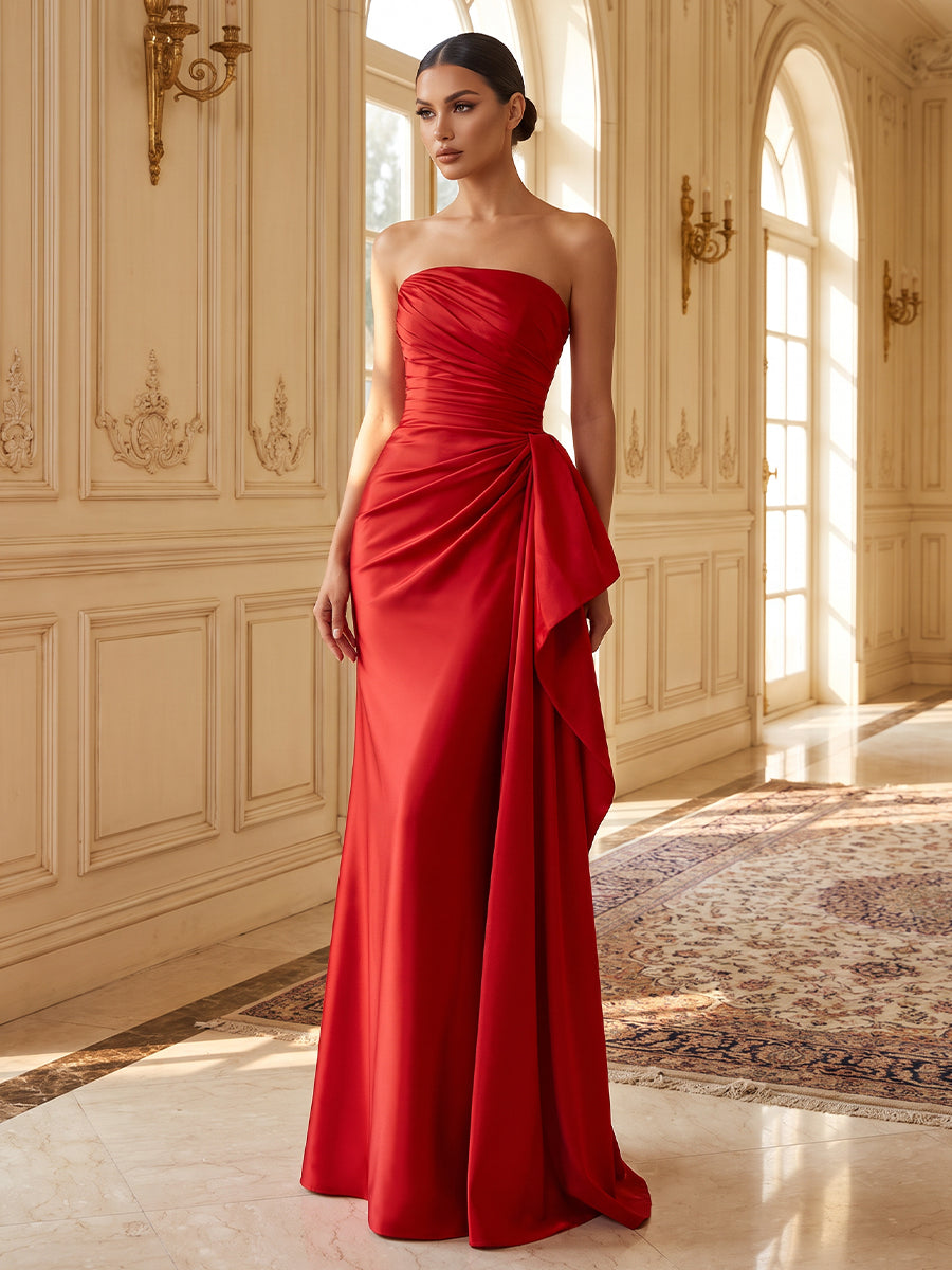 Sheath/Column Strapless Satin Maxi Formal Dresses with Ruffles & Ruched Waist