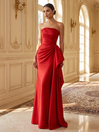 Sheath/Column Strapless Satin Maxi Formal Dresses with Ruffles & Ruched Waist