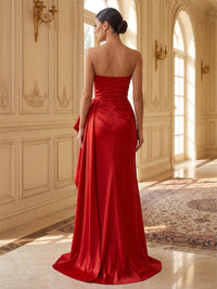 Sheath/Column Strapless Satin Maxi Formal Dresses with Ruffles & Ruched Waist