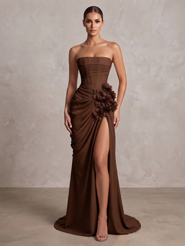 Sheath/Column Strapless Chiffon Maxi Formal Dresses with 3D Flowers & Ruched Waist