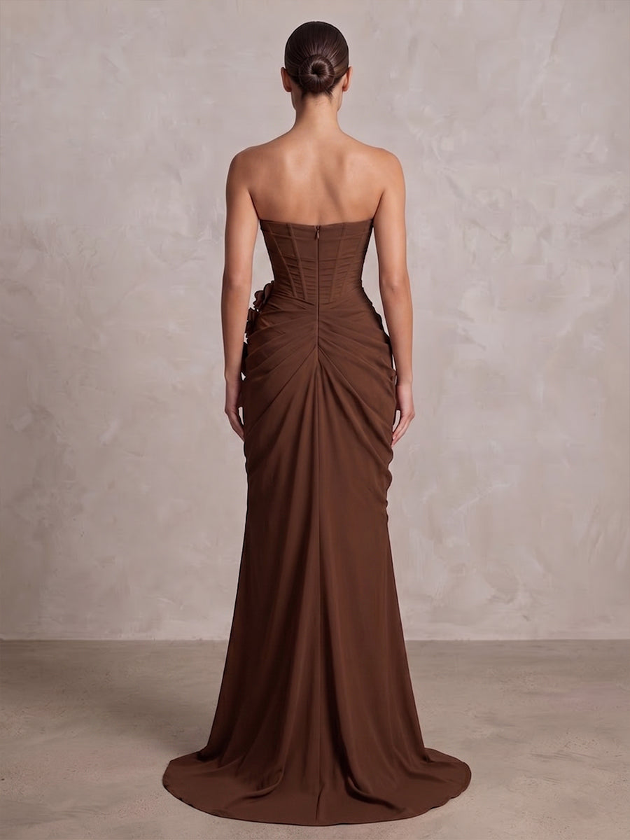Sheath/Column Strapless Chiffon Maxi Formal Dresses with 3D Flowers & Ruched Waist