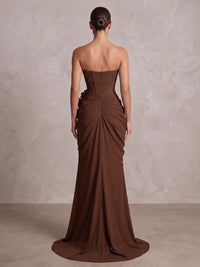 Sheath/Column Strapless Chiffon Maxi Formal Dresses with 3D Flowers & Ruched Waist