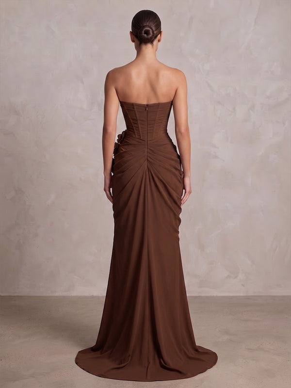 Sheath/Column Strapless Chiffon Maxi Formal Dresses with 3D Flowers & Ruched Waist