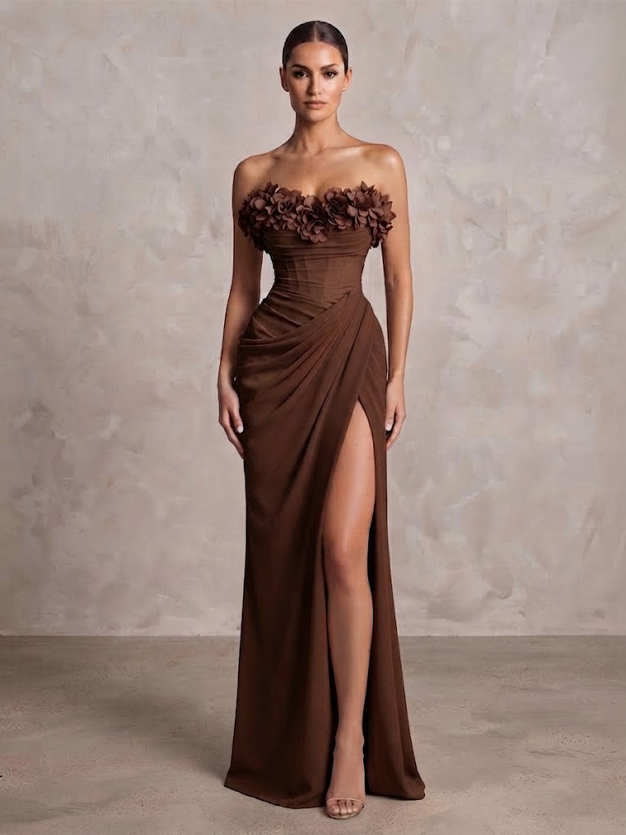 Sheath/Column Strapless Chiffon Maxi Formal Dresses with 3D Flowers & Ruched Waist