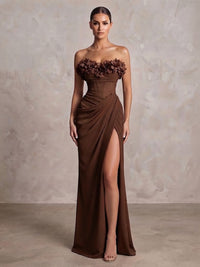 Sheath/Column Strapless Chiffon Maxi Formal Dresses with 3D Flowers & Ruched Waist