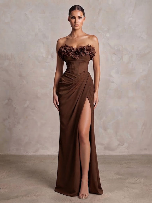 Sheath/Column Strapless Chiffon Maxi Formal Dresses with 3D Flowers & Ruched Waist