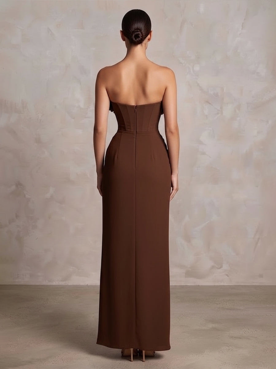 Sheath/Column Strapless Chiffon Maxi Formal Dresses with 3D Flowers & Ruched Waist