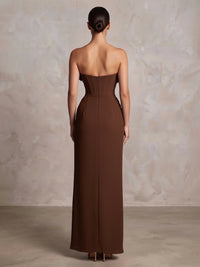 Sheath/Column Strapless Chiffon Maxi Formal Dresses with 3D Flowers & Ruched Waist