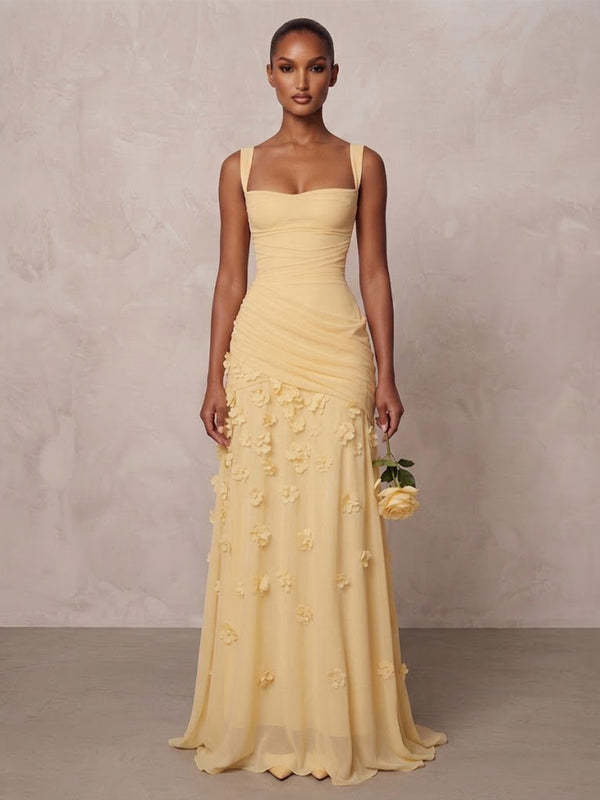 A-Line/Princess Square Neck Chiffon Maxi Formal Dresses with 3D Flowers & Pleats