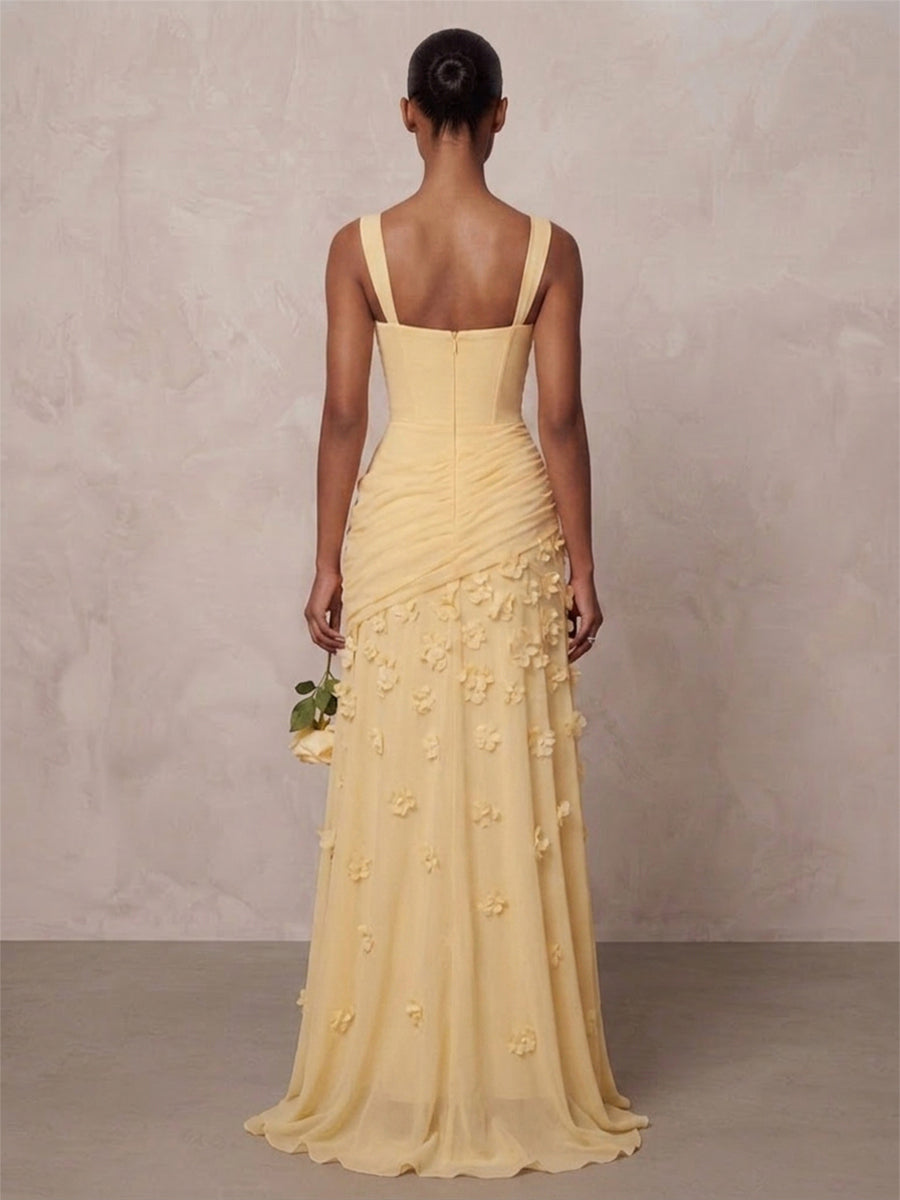 A-Line/Princess Square Neck Chiffon Maxi Formal Dresses with 3D Flowers & Pleats