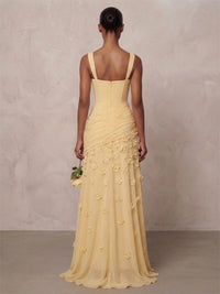 A-Line/Princess Square Neck Chiffon Maxi Formal Dresses with 3D Flowers & Pleats