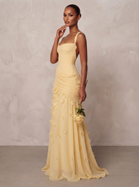 A-Line/Princess Square Neck Chiffon Maxi Formal Dresses with 3D Flowers & Pleats