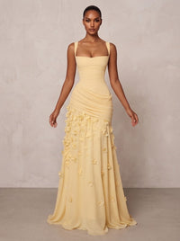 A-Line/Princess Square Neck Chiffon Maxi Formal Dresses with 3D Flowers & Pleats