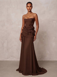 A-Line/Princess Strapless Chiffon Maxi Formal Dresses with 3D Flowers & Ruched Waist
