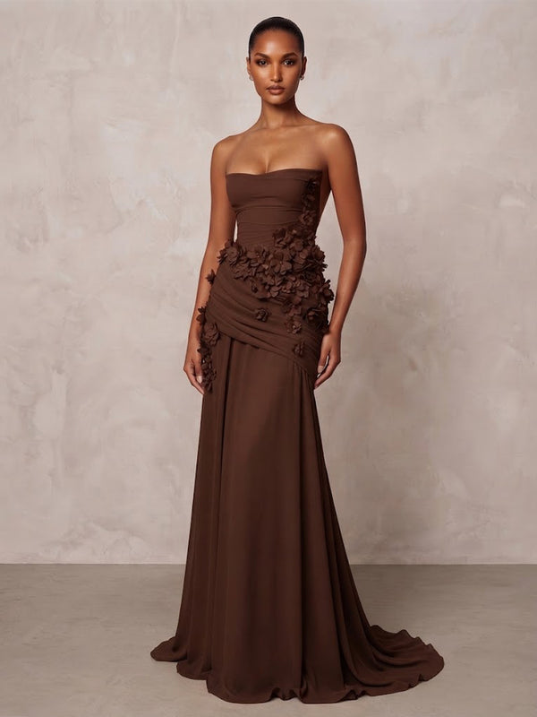 A-Line/Princess Strapless Chiffon Maxi Formal Dresses with 3D Flowers & Ruched Waist