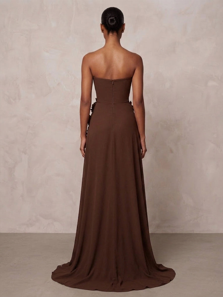A-Line/Princess Strapless Chiffon Maxi Formal Dresses with 3D Flowers & Ruched Waist
