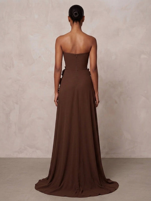 A-Line/Princess Strapless Chiffon Maxi Formal Dresses with 3D Flowers & Ruched Waist